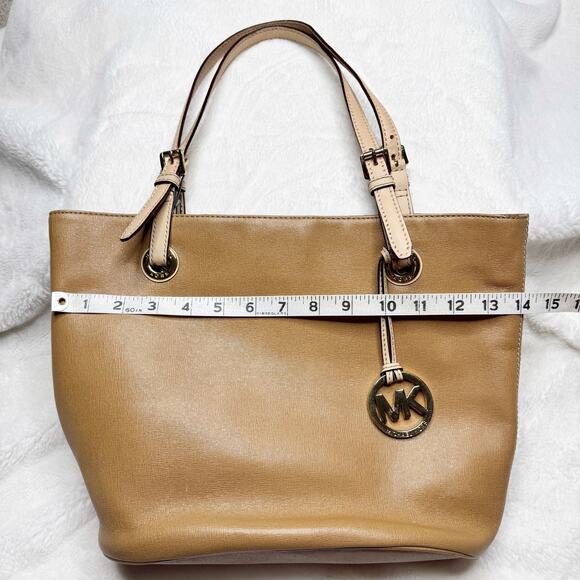 MICHAEL KORS Jet Set Camel Tan Leather Medium Tote Double Strap Bucket Handbag - Picture 11 of 16